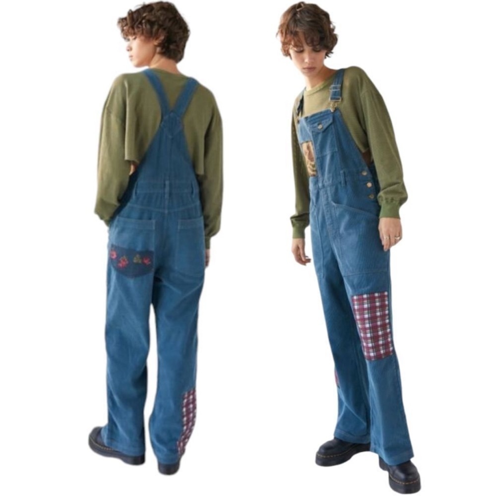 NEW Urban Outfitters Paola Corduroy Patchwork Floral Plaid Accents Overalls M - Picture 2 of 9